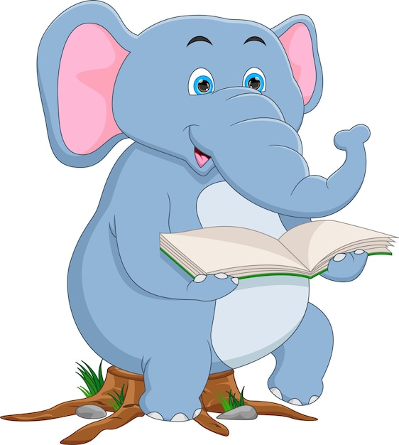 cartoon cute elephant reading a book