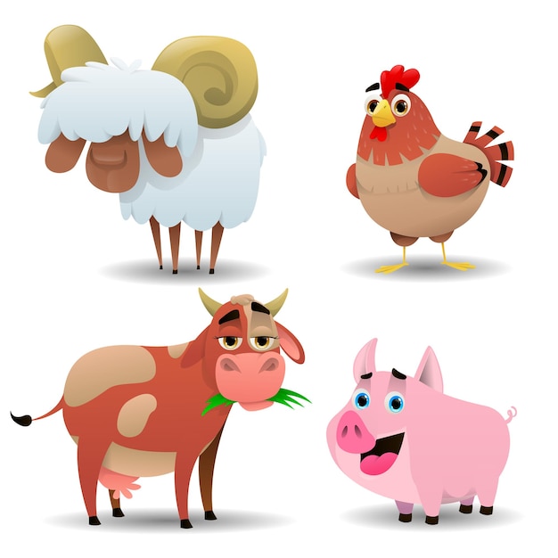 Cartoon cute farm animals set isolated on white