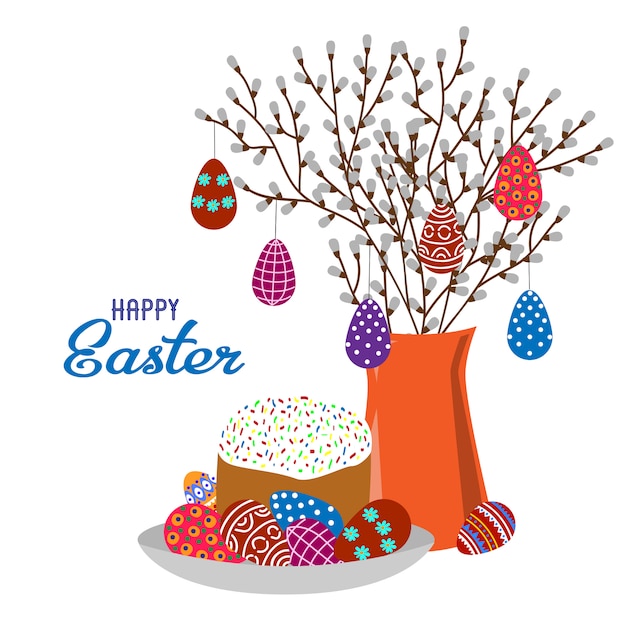 Cartoon cute flat vase with spring branches, painted eggs and easter cake isolated . 