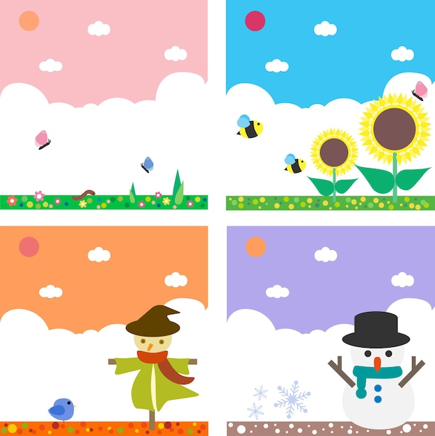 Cartoon cute four seasons landscape Rural sky background with differernt color bg countryside