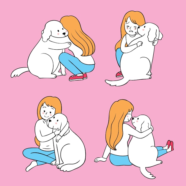 Cartoon cute friendship woman and dog vector.