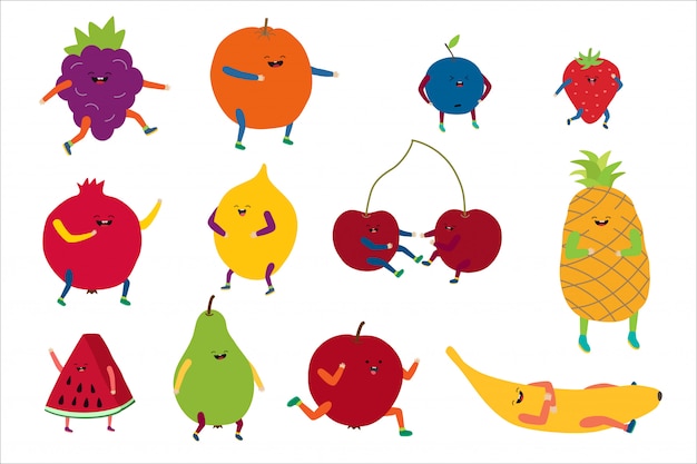 Vector cartoon cute fruit  illustration, happy funny kawaii healthy food character with smile, sweet fruits set icons  on white