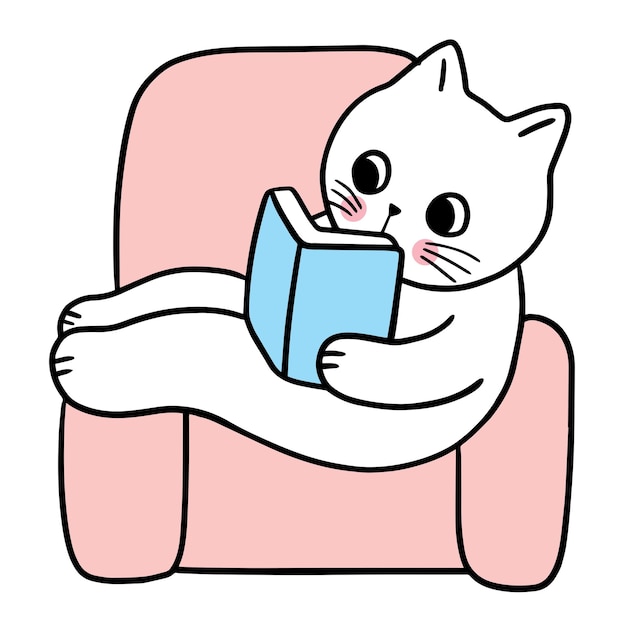 Cartoon cute funny cat reading book  vector.