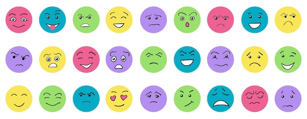 Cartoon cute and funny faces with positive and negative emotions