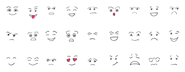 Cartoon cute and funny faces with positive and negative emotions