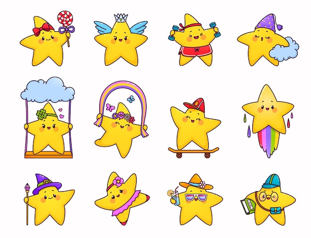 Vector cartoon cute funny kawaii stars characters