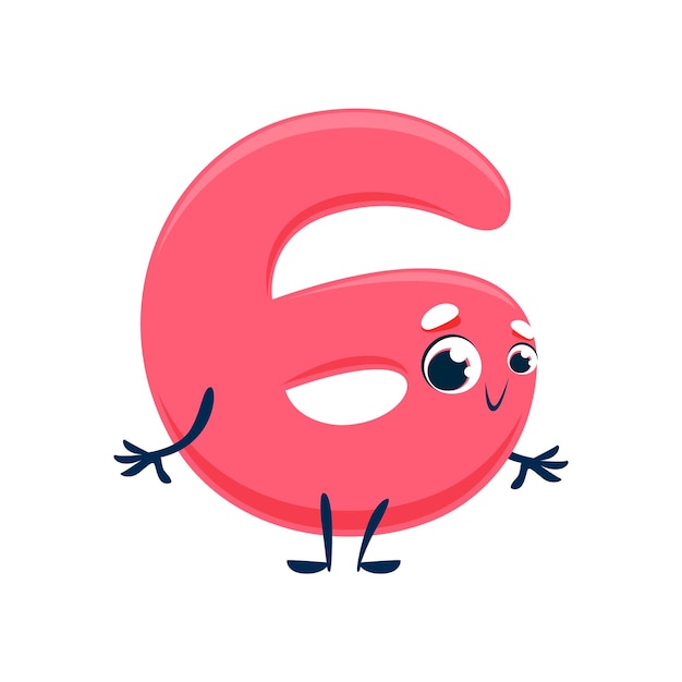 Vector cartoon cute funny number six character isolated vector arithmetic educational digit 6 personage with adorable appearance featuring a cheerful face rounded shape and vibrant pink color