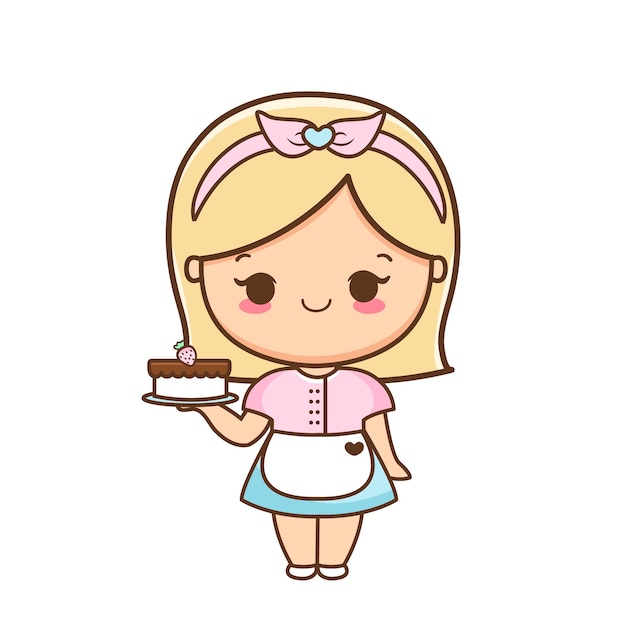 Cartoon cute girl with cake illustration premium vector