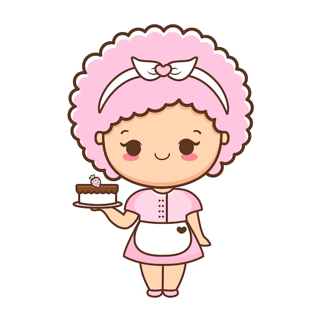 Cartoon cute girl with cake illustration premium vector