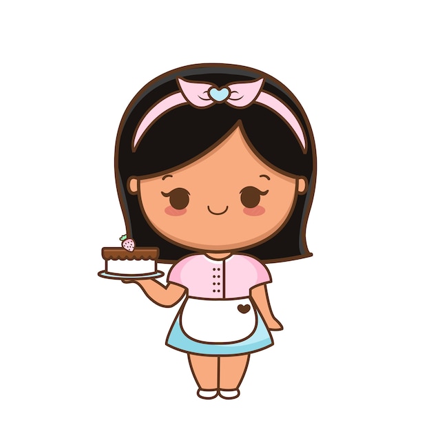 Cartoon cute girl with cake illustration premium vector