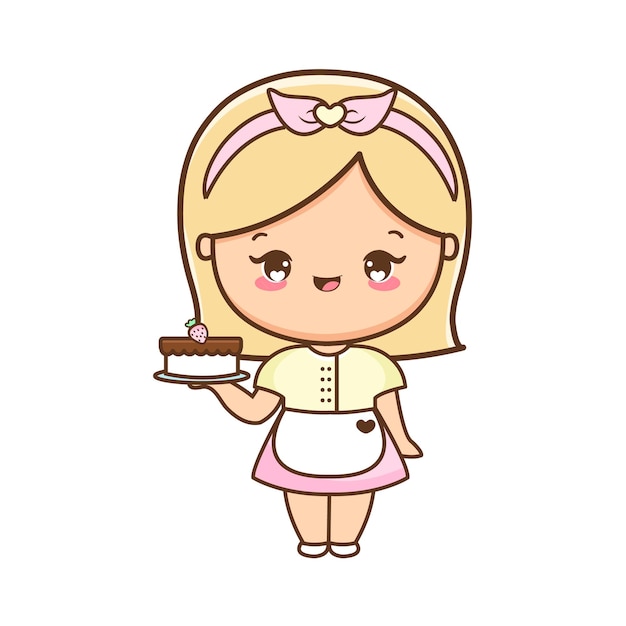 Cartoon cute girl with cake illustration premium vector