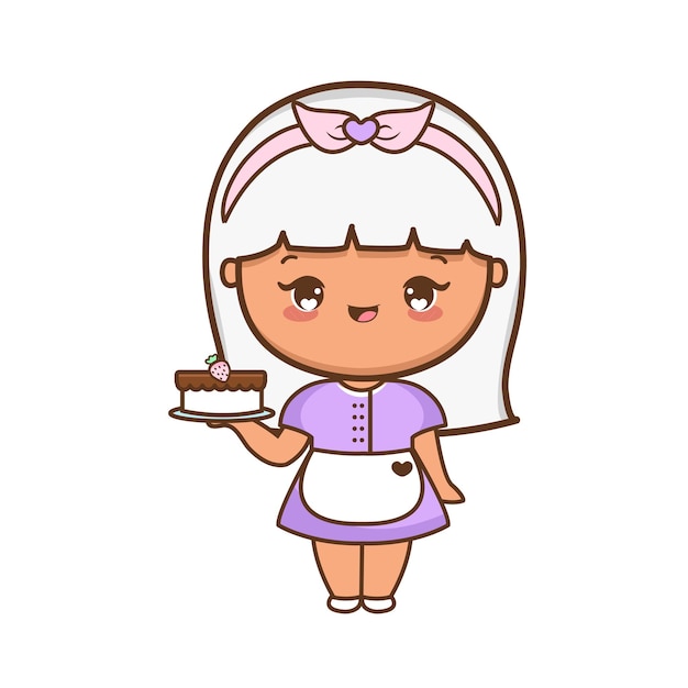 Cartoon cute girl with cake illustration premium vector