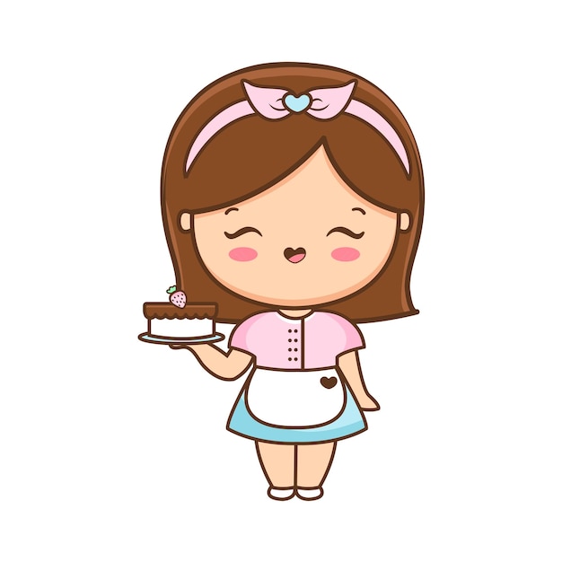 Cartoon cute girl with cake illustration premium vector