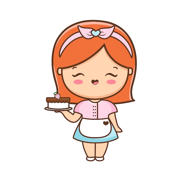 Cartoon cute girl with cake illustration premium vector