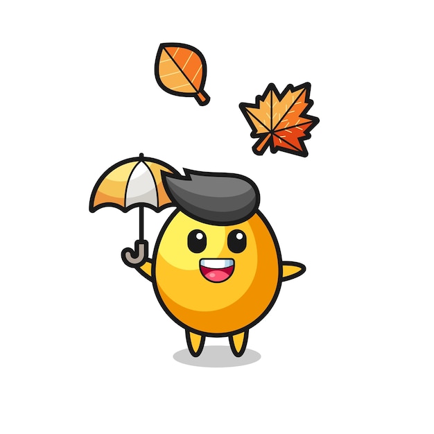 Cartoon of the cute golden egg holding an umbrella in autumn , cute style design for t shirt, sticker, logo element