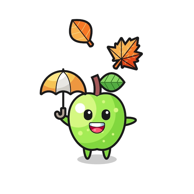 Cartoon of the cute green apple holding an umbrella in autumn