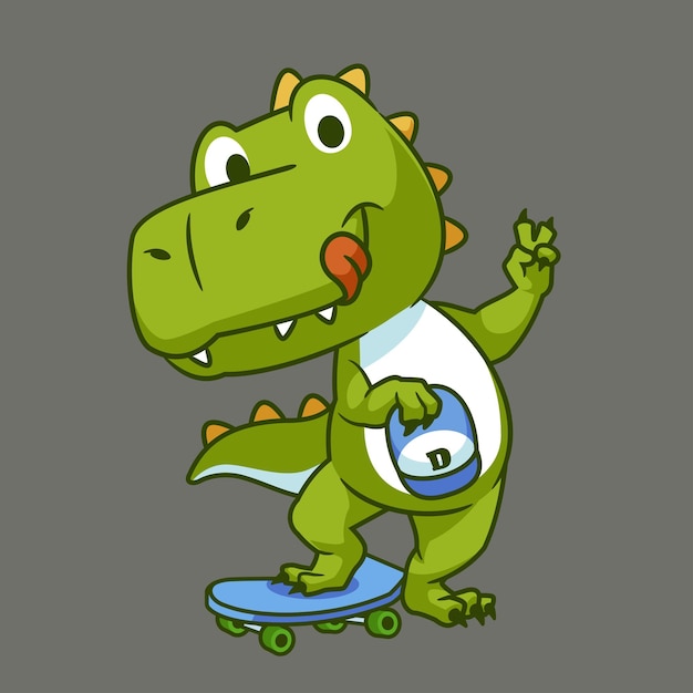 Cartoon cute green dinosaur playing skateboard