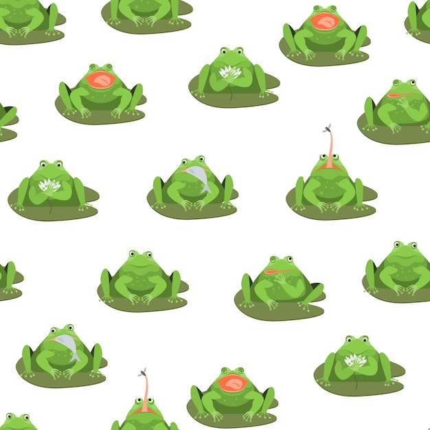 Cartoon Cute Green Frogs Characters Seamless Pattern Background on a White Comic Toad Concept Flat Design Style Vector illustration of Expression Frog