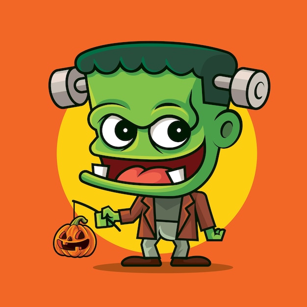 Cartoon cute green monster holding pumpkin Jack O Lantern on orange colour background