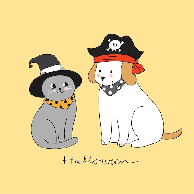 Cartoon cute Halloween cat and dog vector.