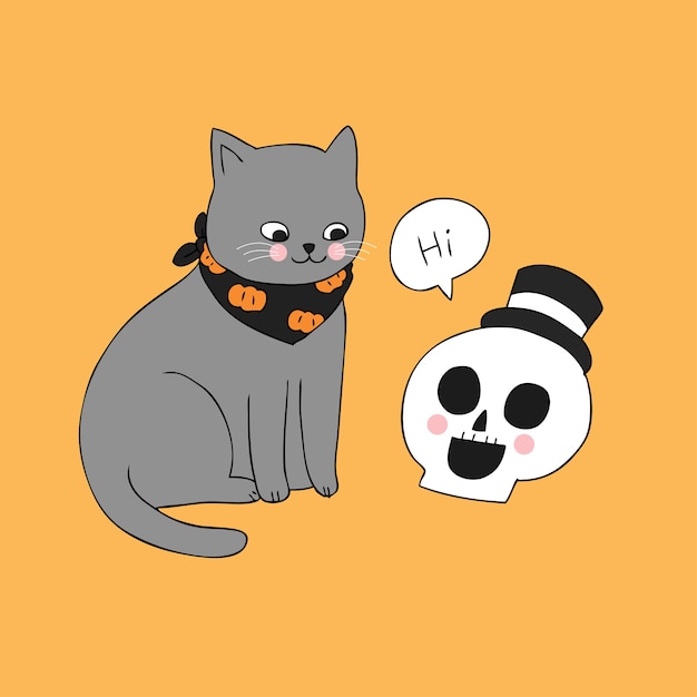 Cartoon cute Halloween cat and skull vector.