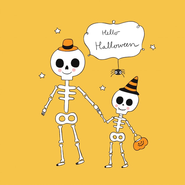 Vector cartoon cute halloween dad and baby skeletons vector.