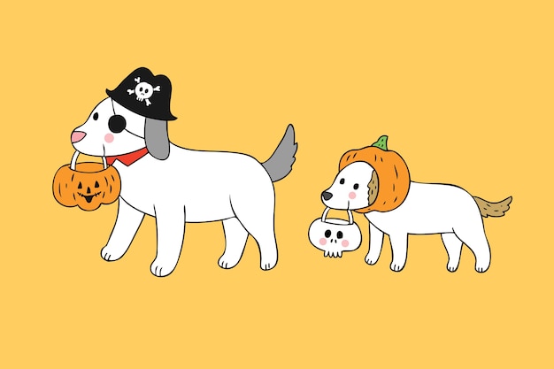 Cartoon cute Halloween dog trick or treat vector.