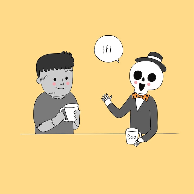 Cartoon cute Halloween skeleton talking zombie vector.