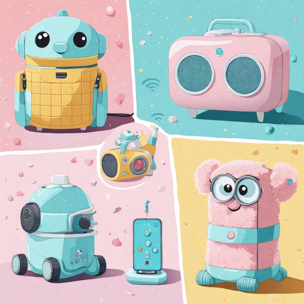 Vector cartoon cute hand drawn robot set with colorful background vector illustration