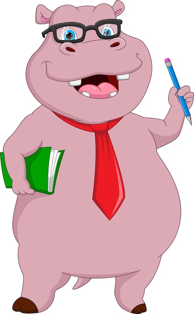 cartoon cute hippo holding book and pencil