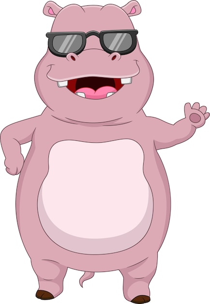 Vector cartoon cute hippo wearing sunglasses and waving