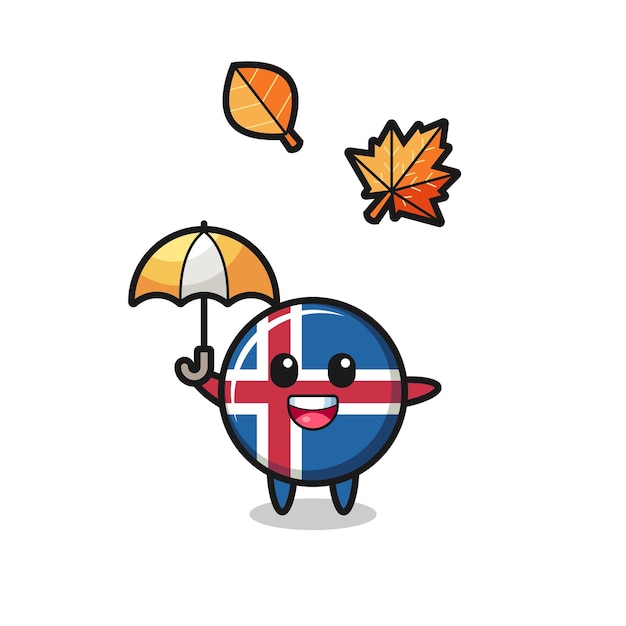 Cartoon of the cute iceland flag holding an umbrella in autumn