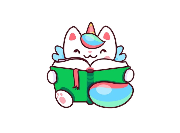 Cartoon cute kawaii caticorn character read a book