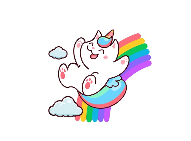 Cartoon cute kawaii caticorn riding on rainbow