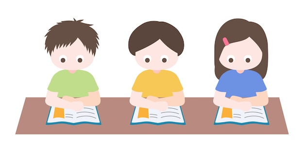 Cartoon cute little children set, focus on reading book in classroom. Student back to school.