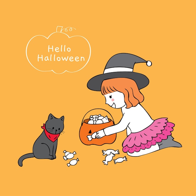 Cartoon cute little girl and black cat sharing candy vector.