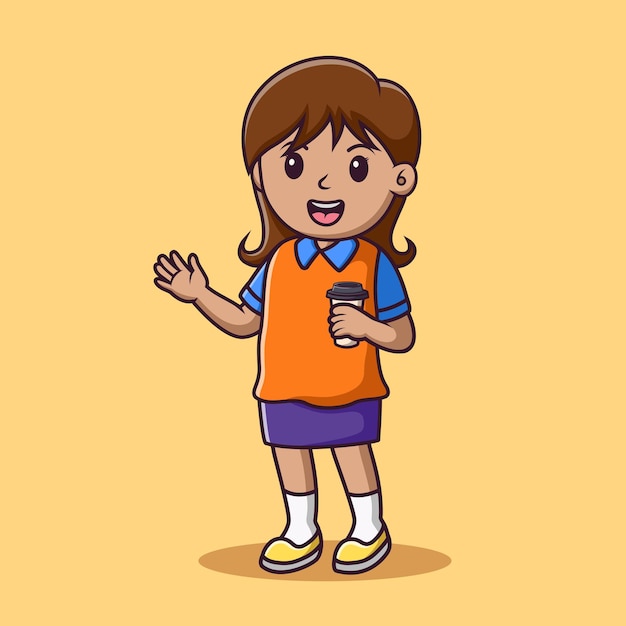 Cartoon cute little girl waving hand while holding a cup of coffee