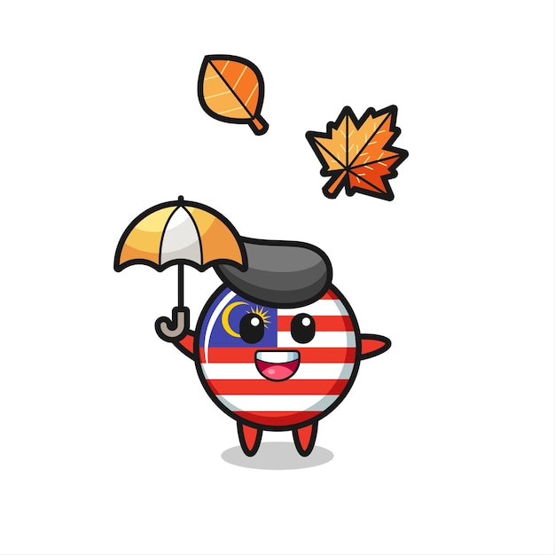 Cartoon of the cute malaysia flag badge holding an umbrella in autumn