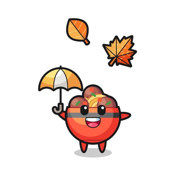 Cartoon of the cute meatball bowl holding an umbrella in autumn