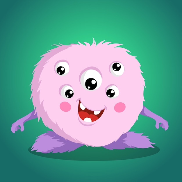 Cartoon cute monster Baby looking furry pink multieyed creature Best for halloween party designs Vector illustration