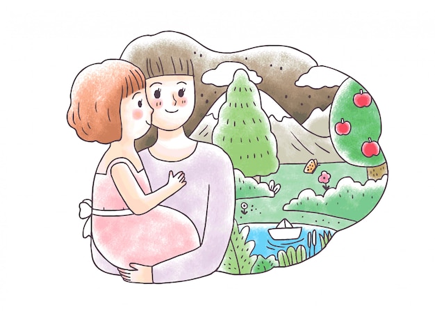 Cartoon cute mother hugging baby and nature