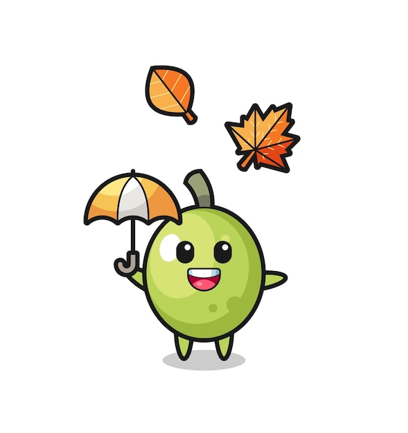 Cartoon of the cute olive holding an umbrella in autumn