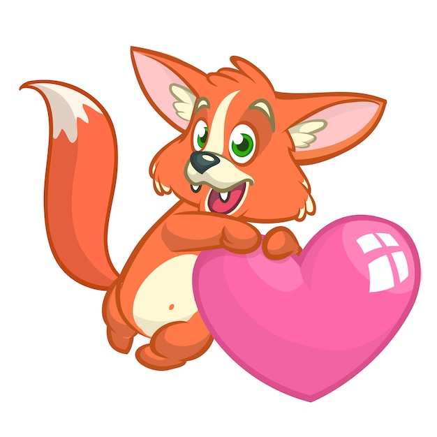 Cartoon cute orange fox in love holding a heart.illustration for St Valentines Day. Isolated