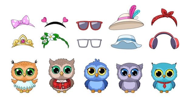 Cartoon cute owls wild owl funny faces and stylish accessories Hats sunglasses bow and crown Dress up bird vector kids game of wild owl face illustration