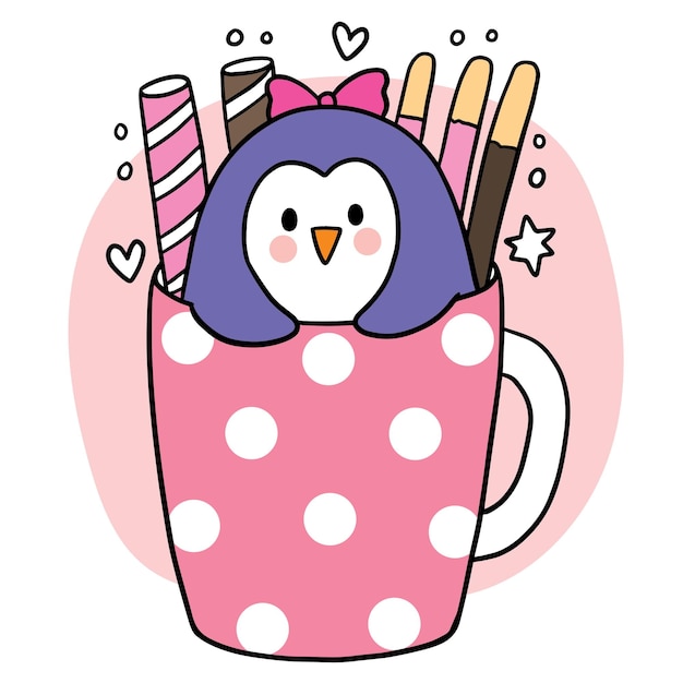 Cartoon cute penguin in cup coffee and sweet vector