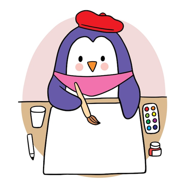 Cartoon cute penguin painting paper Artist vector