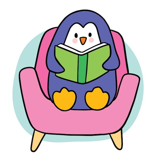 Cartoon cute penguin reading book on sofa vector