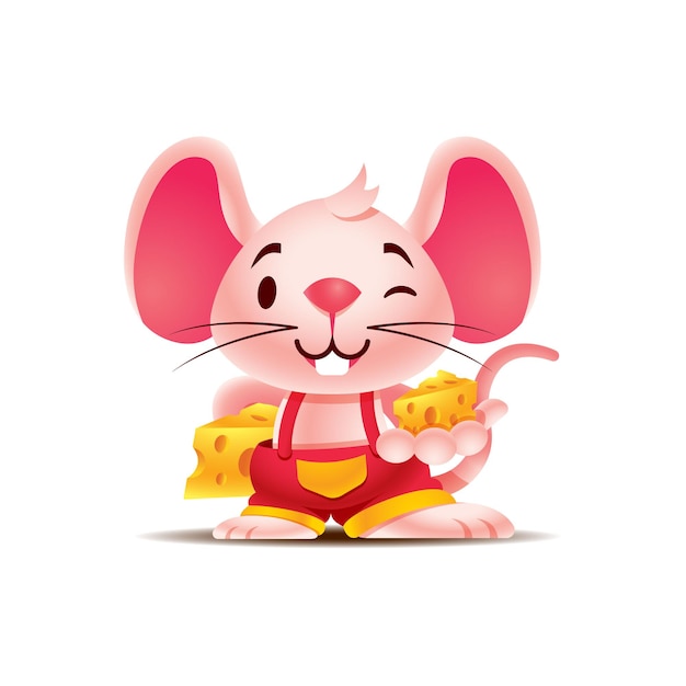 Cartoon cute pinky rat holding cheese