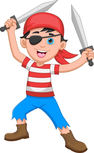 cartoon cute pirate boy holding sword