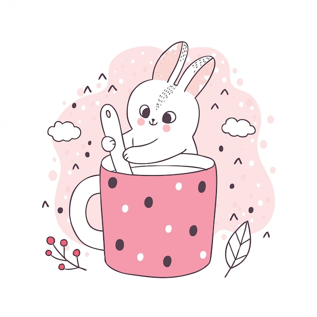 Cartoon cute rabbit and coffee cup